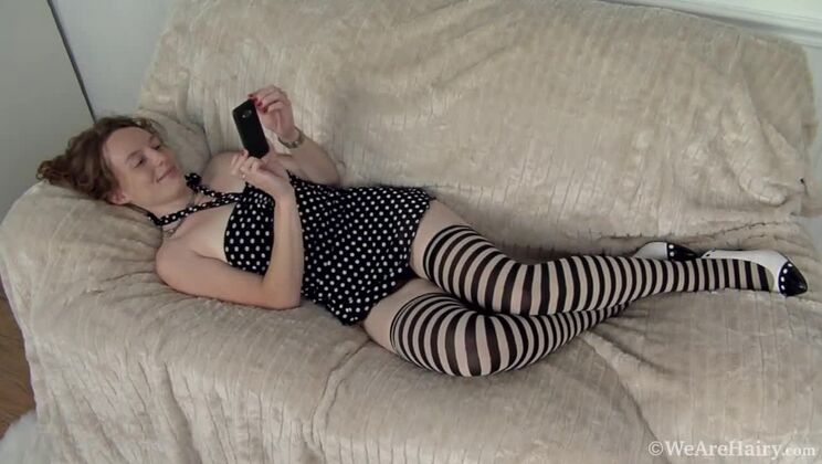 Hairy Redhead Ana Molly Masturbates On Sofa