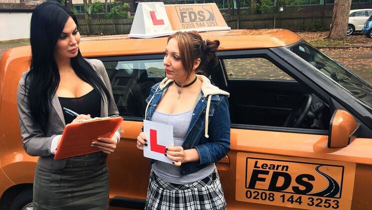 [FakeDrivingSchool] - Teen Driver's Test Becomes Lesbian Car Fuck Adventure