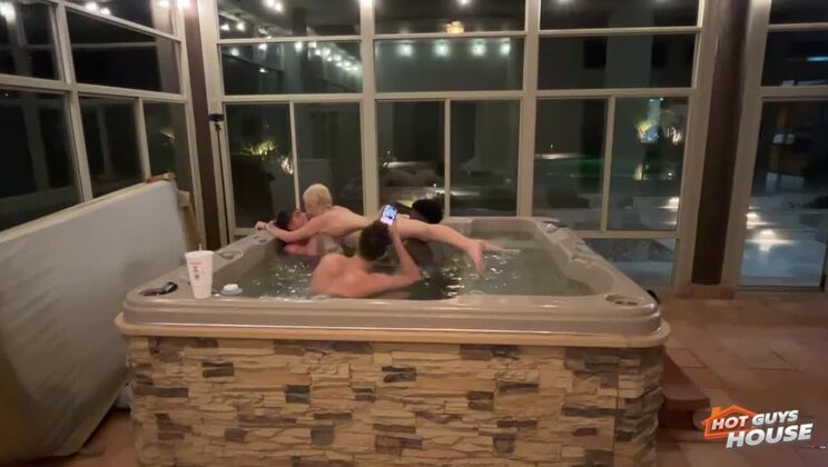 Blonde Bombshell in Jacuzzi - Swapping Tongues with Two Guys